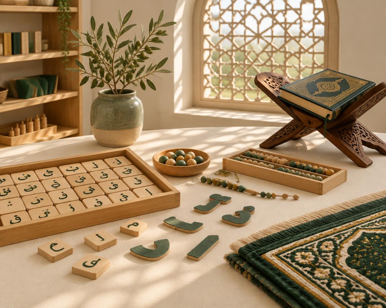 Montessori wooden Arabic letters and a Qur’an stand